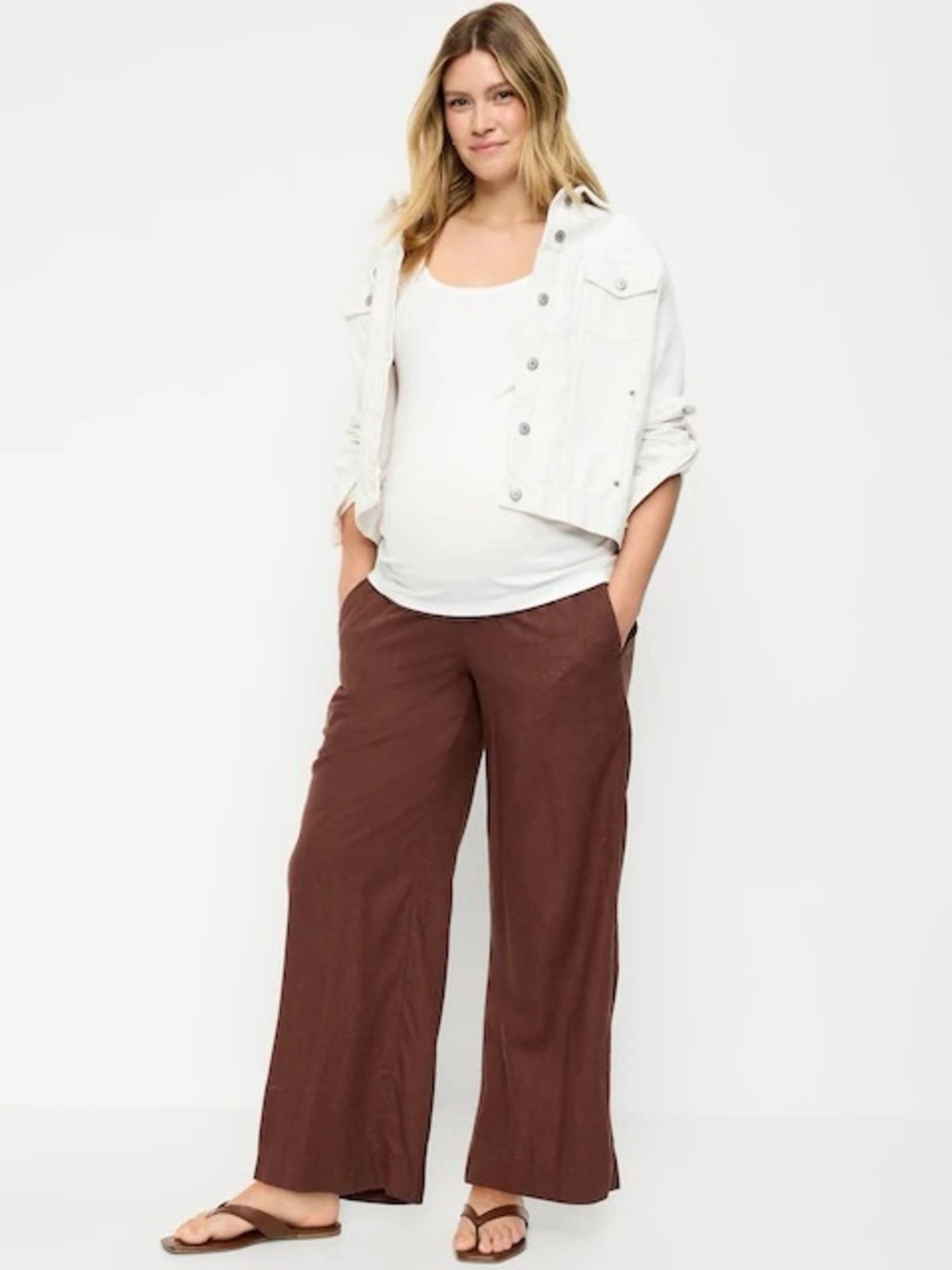 Old Navy Summer Maternity Rollover Waist Linen-Blend Wide-Leg Pants Brown